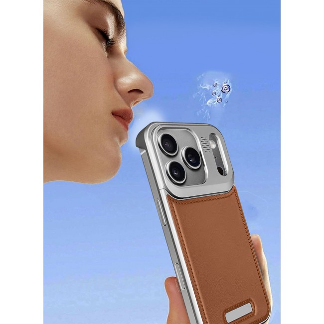 MARGOUN MagSafe Leather Aluminum Alloy Metal Case for iPhone 17 Pro Max - with Aromatherapy - Shockproof Lens Protection - Silver Brown-1