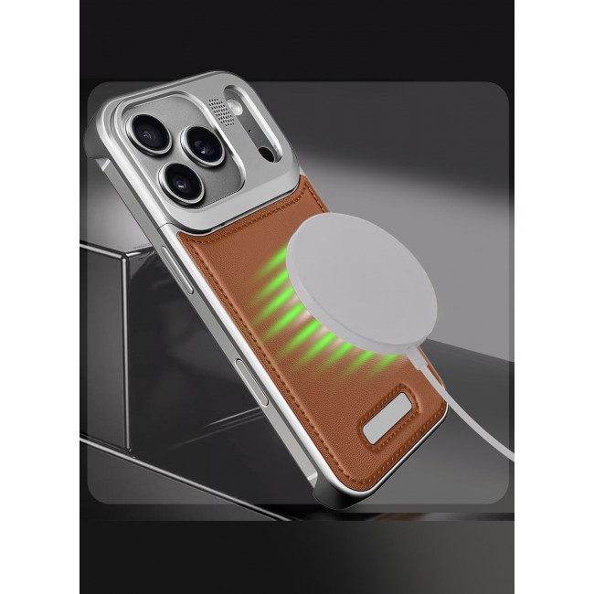 MARGOUN MagSafe Leather Aluminum Alloy Metal Case for iPhone 17 Pro Max - with Aromatherapy - Shockproof Lens Protection - Silver Brown-1