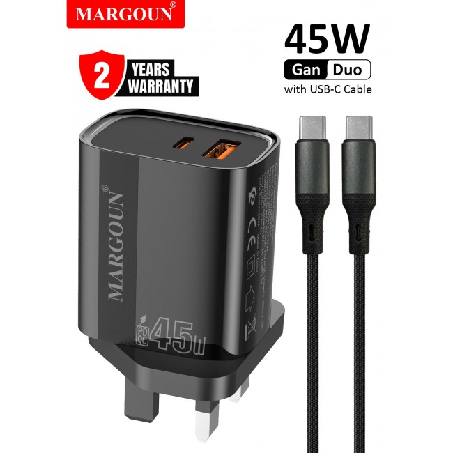 MARGOUN 45W Power Adapter Duo, Dual USB-C & USB-A Ports, PD & QC Super Fast Charging With Cable Type-C for Oneplus 15 Black-1