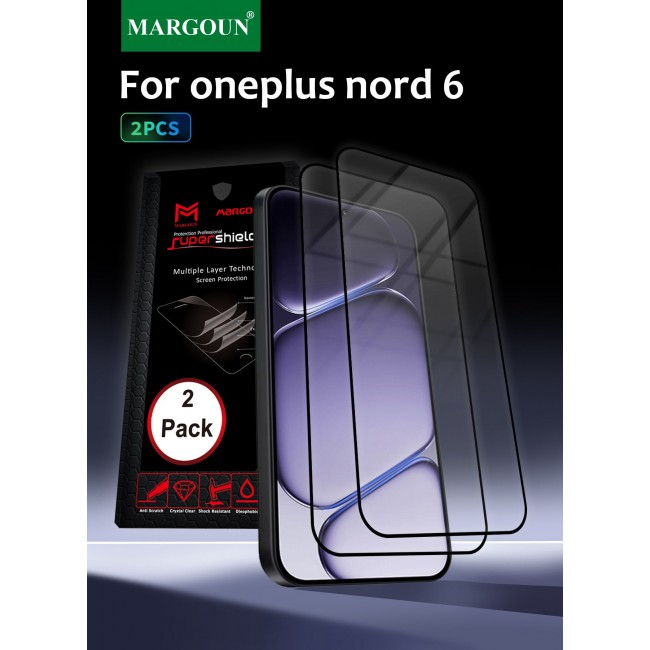 MARGOUN 2 Pack Screen Protector for OnePlus Nord 6 (2026), 9H Full Coverage Tempered Glass, 2.5D Curved Edge, Anti-Fingerprint & Shatter-Proof Screen Guard for OnePlus Nord 6 Clear-2