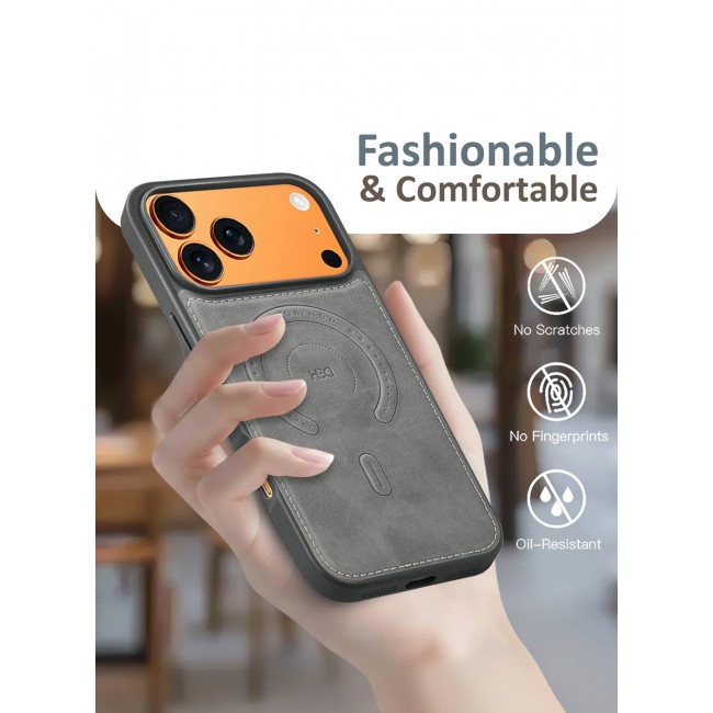 MARGOUN Premium Leather Case Compatible with iPhone 17 Pro Max, Slim MagSafe Shockproof Protective Cover with Metallic Camera Ring & Tactile Buttons – Grey GREY