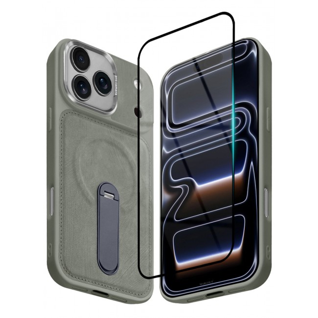 MARGOUN 2 Pack Alcantara Soft Case for iPhone 17 Pro Max Case 6.9'' Compatible with Magsafe, One Case One 3D Screen Protector, Leather Protective Cover with Kickstand 360 Rotation - Grey