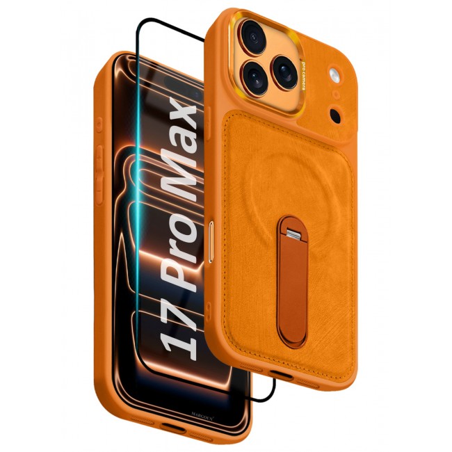MARGOUN 2 Pack Alcantara Soft Case for iPhone 17 Pro Max Case 6.9'' Compatible with Magsafe, One Case One 3D Screen Protector, Leather Protective Cover with Kickstand 360 Rotation - Cosmic Orange