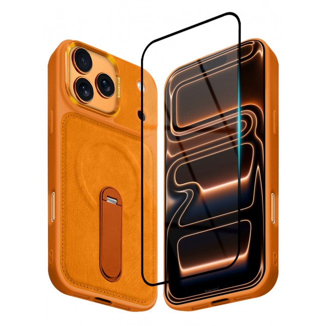 MARGOUN 2 Pack Alcantara Soft Case for iPhone 17 Pro Max Case 6.9'' Compatible with Magsafe, One Case One 3D Screen Protector, Leather Protective Cover with Kickstand 360 Rotation - Cosmic Orange