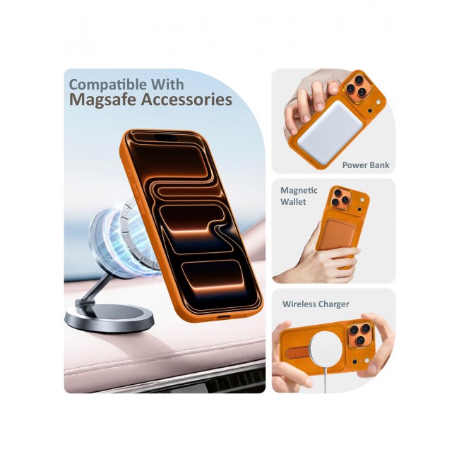 MARGOUN Alcantara Soft Case for iPhone 17 Pro Max Case 6.9'' Compatible with Magsafe, Leather Protective Cover with Kickstand 360 Rotation - Cosmic Orange