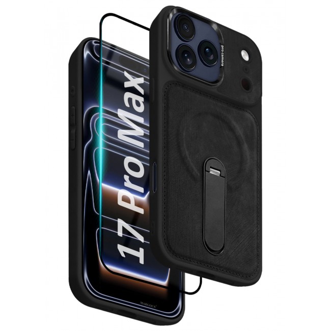 MARGOUN 2 Pack Alcantara Soft Case for iPhone 17 Pro Max Case 6.9'' Compatible with Magsafe, One Case One 3D Screen Protector, Leather Protective Cover with Kickstand 360 Rotation - Black
