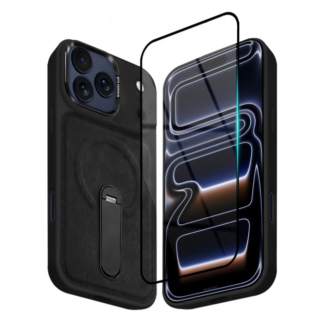 MARGOUN 2 Pack Alcantara Soft Case for iPhone 17 Pro Max Case 6.9'' Compatible with Magsafe, One Case One 3D Screen Protector, Leather Protective Cover with Kickstand 360 Rotation - Black