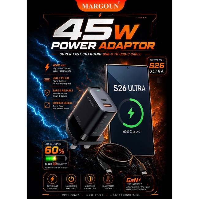MARGOUN 45W Power Adapter Duo, Dual USB-C & USB-A Ports, PD & QC Super Fast Charging With Cable Type-C for Samsung Galaxy S26 Ultra Black-1