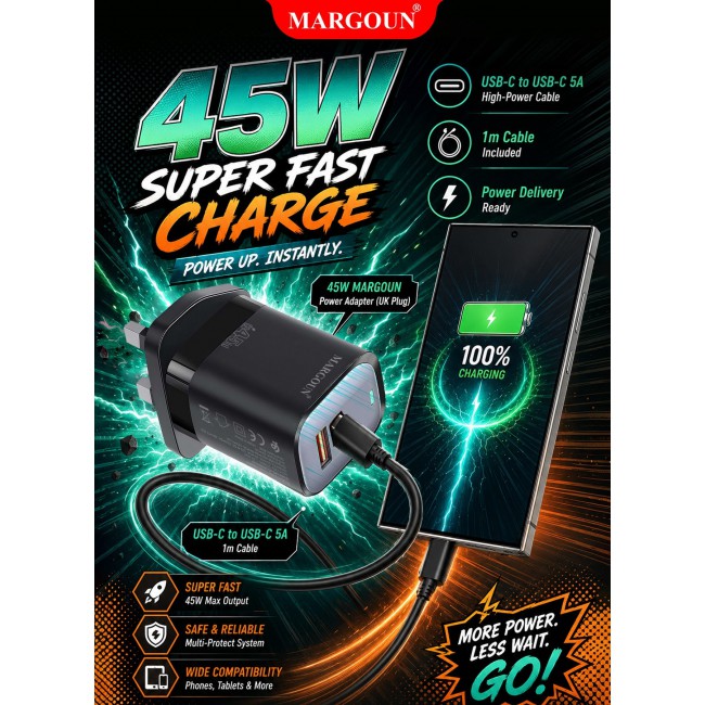 MARGOUN 45W Power Adapter Duo, Dual USB-C & USB-A Ports, PD & QC Super Fast Charging With Cable Type-C for Samsung Galaxy S26 Ultra Black-1