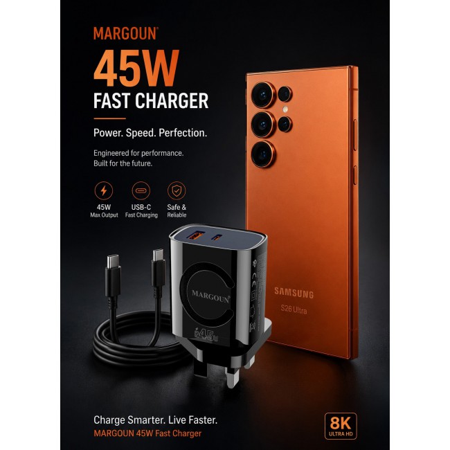 MARGOUN 45W Power Adapter Duo, Dual USB-C & USB-A Ports, PD & QC Super Fast Charging With Cable Type-C for Samsung Galaxy S26 Ultra Black-5