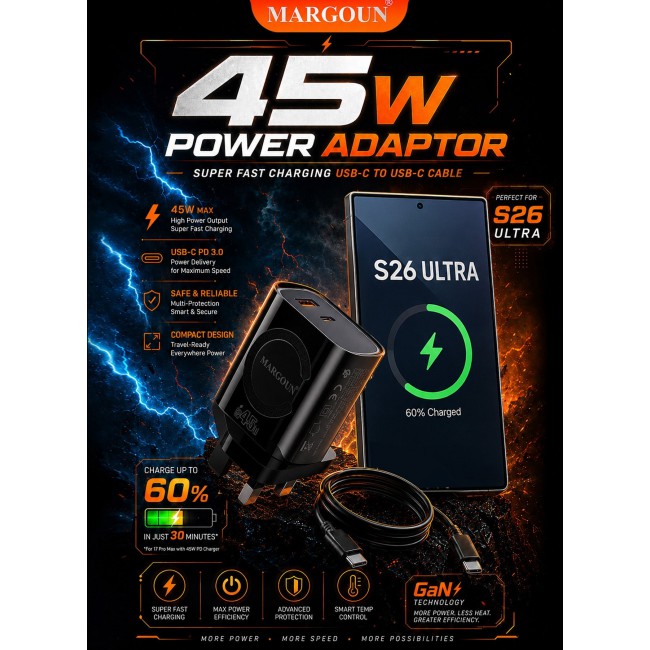 MARGOUN 45W Power Adapter Duo, Dual USB-C & USB-A Ports, PD & QC Super Fast Charging With Cable Type-C for Samsung Galaxy S26 Ultra Black-5