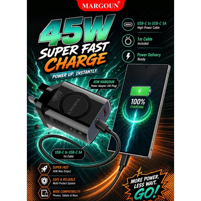 MARGOUN 45W Power Adapter Duo, Dual USB-C & USB-A Ports, PD & QC Super Fast Charging With Cable Type-C for Samsung Galaxy S26 Ultra Black-5