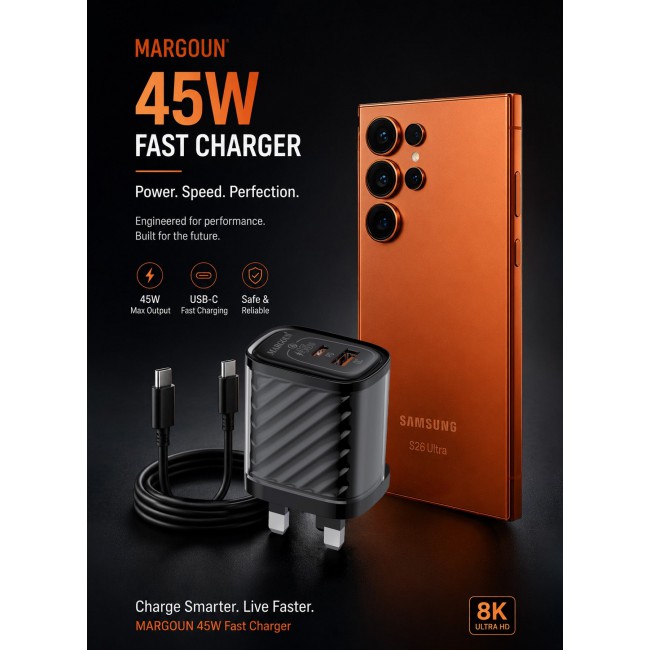 MARGOUN 45W Power Adapter Duo, Dual USB-C & USB-A Ports, PD & QC Super Fast Charging With Cable Type-C for Samsung Galaxy S26 Ultra Black-4