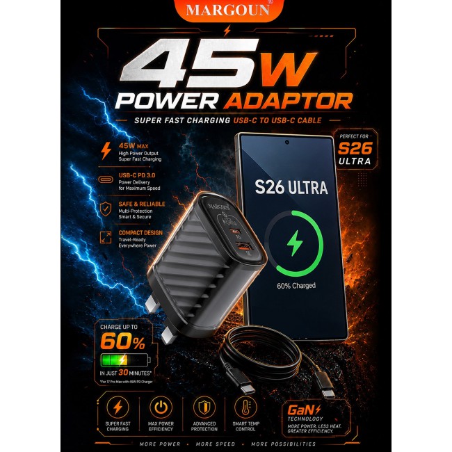 MARGOUN 45W Power Adapter Duo, Dual USB-C & USB-A Ports, PD & QC Super Fast Charging With Cable Type-C for Samsung Galaxy S26 Ultra Black-4