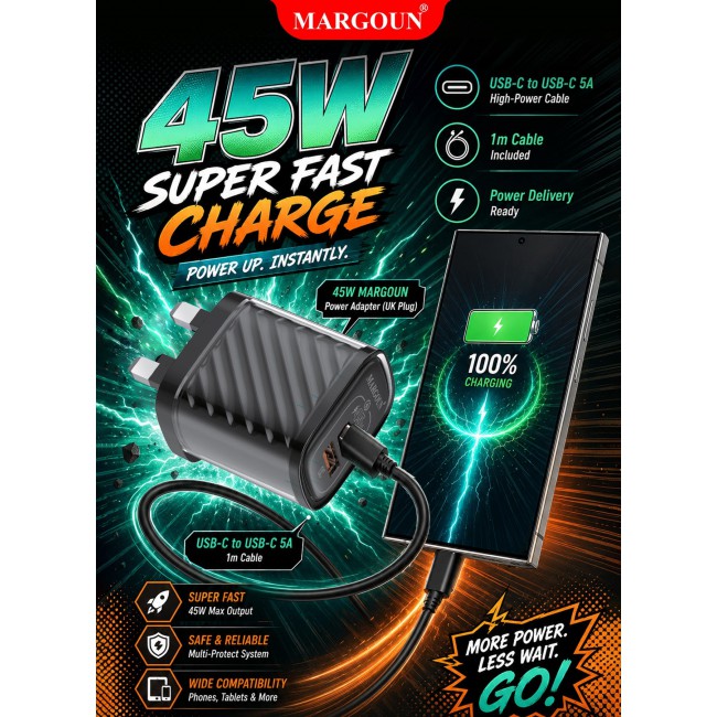 MARGOUN 45W Power Adapter Duo, Dual USB-C & USB-A Ports, PD & QC Super Fast Charging With Cable Type-C for Samsung Galaxy S26 Ultra Black-4