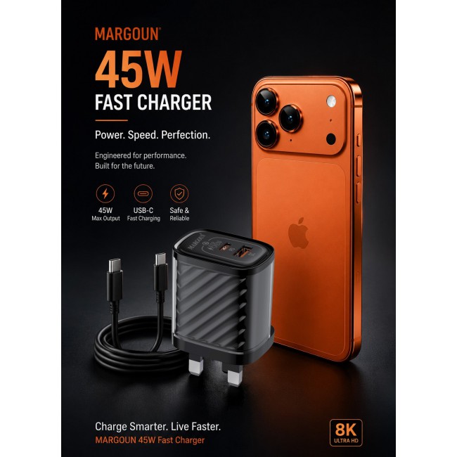 MARGOUN 45W Power Adapter Duo, Dual USB-C & USB-A Ports, PD & QC Super Fast Charging With Cable Type-C for Apple iPhone 17 Pro Max Black-4