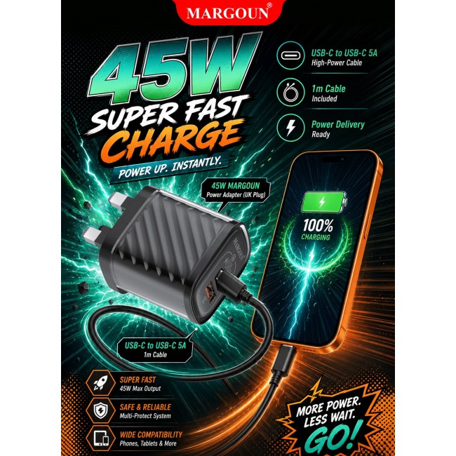 MARGOUN 45W Power Adapter Duo, Dual USB-C & USB-A Ports, PD & QC Super Fast Charging With Cable Type-C for Apple iPhone 17 Pro Max Black-4