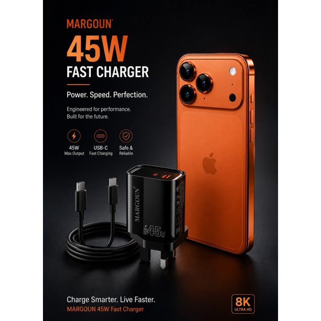 MARGOUN 45W Power Adapter Duo, Dual USB-C & USB-A Ports, PD & QC Super Fast Charging With Cable Type-C for Apple iPhone 17 Pro Max Black-3