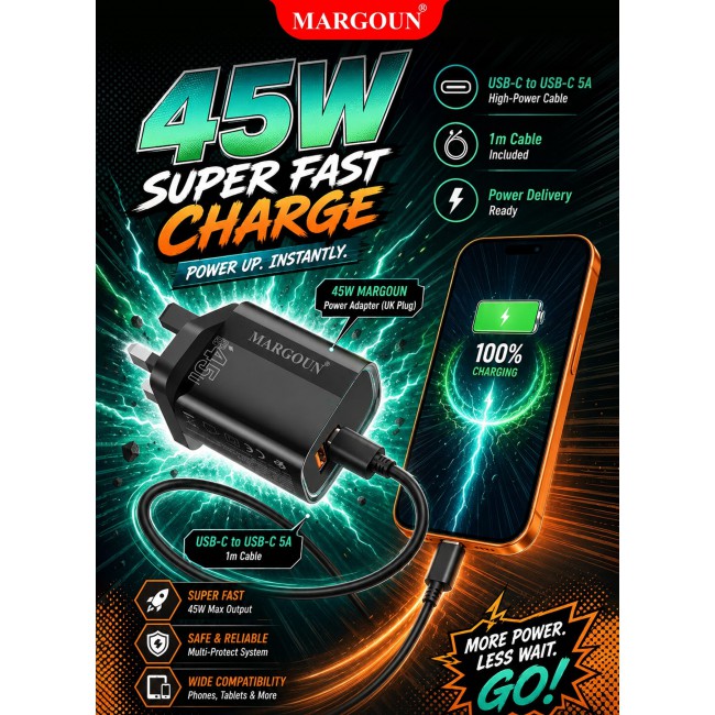 MARGOUN 45W Power Adapter Duo, Dual USB-C & USB-A Ports, PD & QC Super Fast Charging With Cable Type-C for Apple iPhone 17 Pro Max Black-3