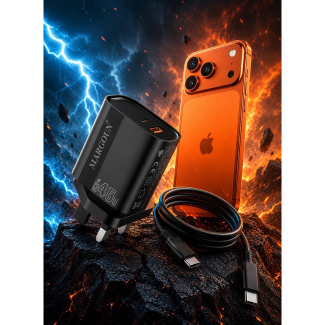 MARGOUN 45W Power Adapter Duo, Dual USB-C & USB-A Ports, PD & QC Super Fast Charging With Cable Type-C for Apple iPhone 17 Pro Max Black-3