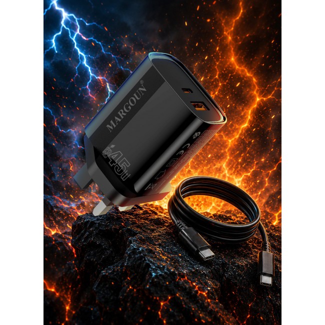 MARGOUN 45W Power Adapter Duo, Dual USB-C & USB-A Ports, PD & QC Super Fast Charging With Cable Type-C for Apple iPhone 17 Pro Max Black-3
