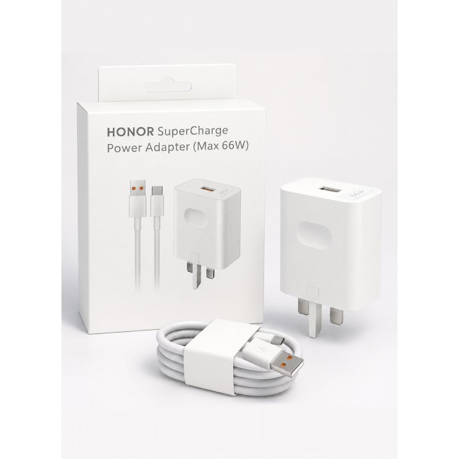 Honor SuperCharge 66W Power Adapter Wall Charger with 6A USB to Type-C Cable - Fast Charging Travel Adapter Combo Kit for Honor Smartphones (UK 3-Pin Plug) White