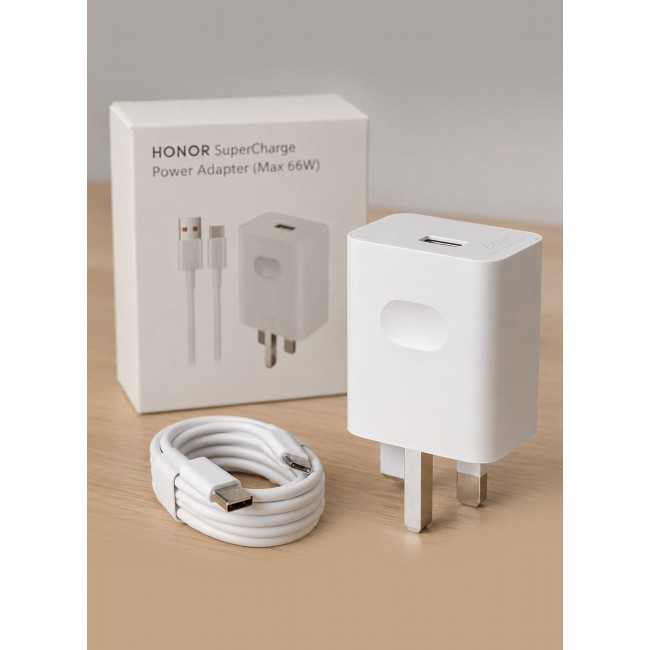 Honor SuperCharge 66W Power Adapter Wall Charger with 6A USB to Type-C Cable - Fast Charging Travel Adapter Combo Kit for Honor Smartphones (UK 3-Pin Plug) White
