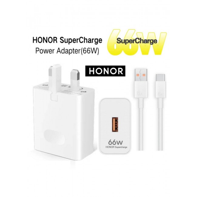 Honor SuperCharge 66W Power Adapter Wall Charger with 6A USB to Type-C Cable - Fast Charging Travel Adapter Combo Kit for Honor Smartphones (UK 3-Pin Plug) White