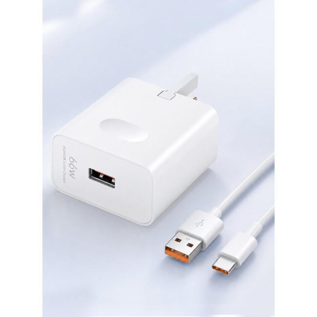 Honor SuperCharge 66W Power Adapter Wall Charger with 6A USB to Type-C Cable - Fast Charging Travel Adapter Combo Kit for Honor Smartphones (UK 3-Pin Plug) White