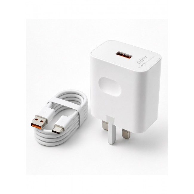 Honor SuperCharge 66W Power Adapter Wall Charger with 6A USB to Type-C Cable - Fast Charging Travel Adapter Combo Kit for Honor Smartphones (UK 3-Pin Plug) White