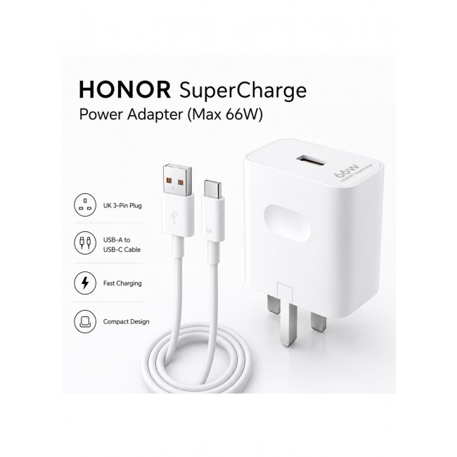 Honor SuperCharge 66W Power Adapter Wall Charger with 6A USB to Type-C Cable - Fast Charging Travel Adapter Combo Kit for Honor Smartphones (UK 3-Pin Plug) White