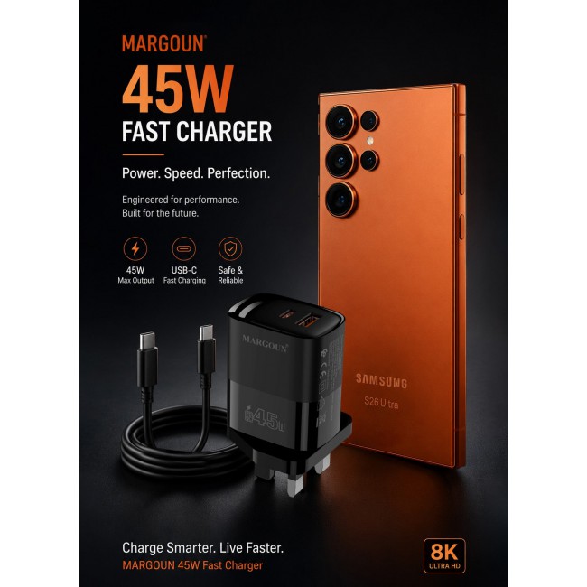 MARGOUN 45W Power Adapter Duo, Dual USB-C & USB-A Ports, PD & QC Super Fast Charging With Cable Type-C for Samsung Galaxy S26 Ultra Black-2