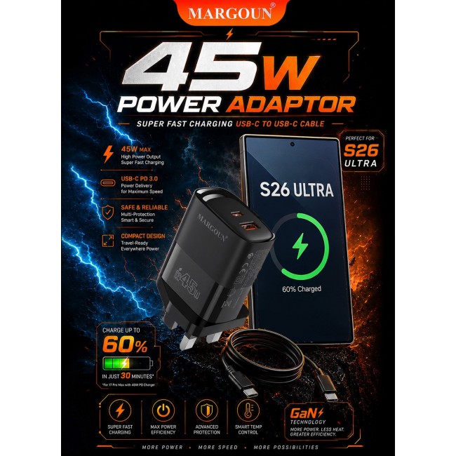MARGOUN 45W Power Adapter Duo, Dual USB-C & USB-A Ports, PD & QC Super Fast Charging With Cable Type-C for Samsung Galaxy S26 Ultra Black-2