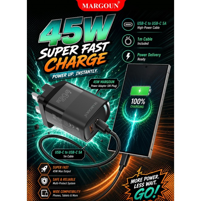 MARGOUN 45W Power Adapter Duo, Dual USB-C & USB-A Ports, PD & QC Super Fast Charging With Cable Type-C for Samsung Galaxy S26 Ultra Black-2