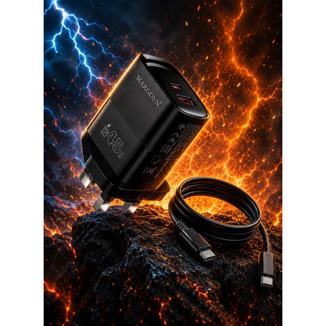 MARGOUN 45W Power Adapter Duo, Dual USB-C & USB-A Ports, PD & QC Super Fast Charging With Cable Type-C for Samsung Galaxy S26 Ultra Black-2