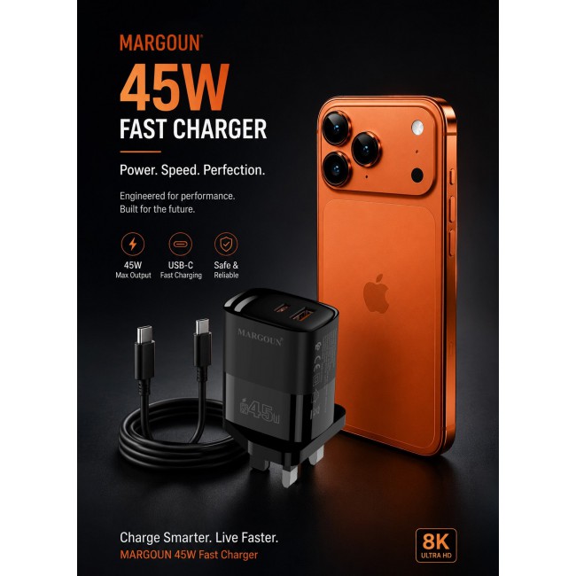 MARGOUN 45W Power Adapter Duo, Dual USB-C & USB-A Ports, PD & QC Super Fast Charging With Cable Type-C for Apple iPhone 17 Pro Max Black-2