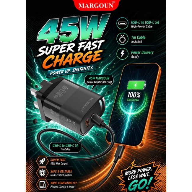 MARGOUN 45W Power Adapter Duo, Dual USB-C & USB-A Ports, PD & QC Super Fast Charging With Cable Type-C for Apple iPhone 17 Pro Max Black-2