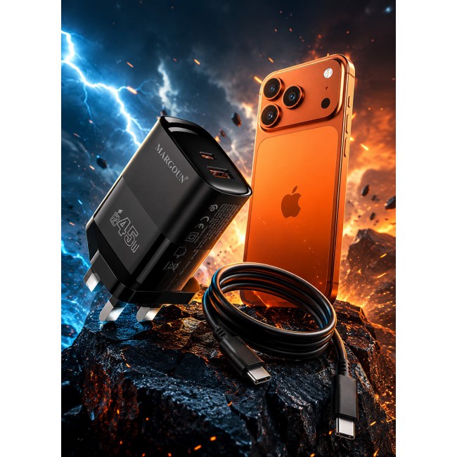 MARGOUN 45W Power Adapter Duo, Dual USB-C & USB-A Ports, PD & QC Super Fast Charging With Cable Type-C for Apple iPhone 17 Pro Max Black-2