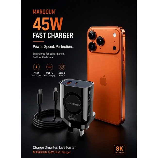 MARGOUN 45W Power Adapter Duo, Dual USB-C & USB-A Ports, PD & QC Super Fast Charging With Cable Type-C for Apple iPhone 17 Pro Max Black-5