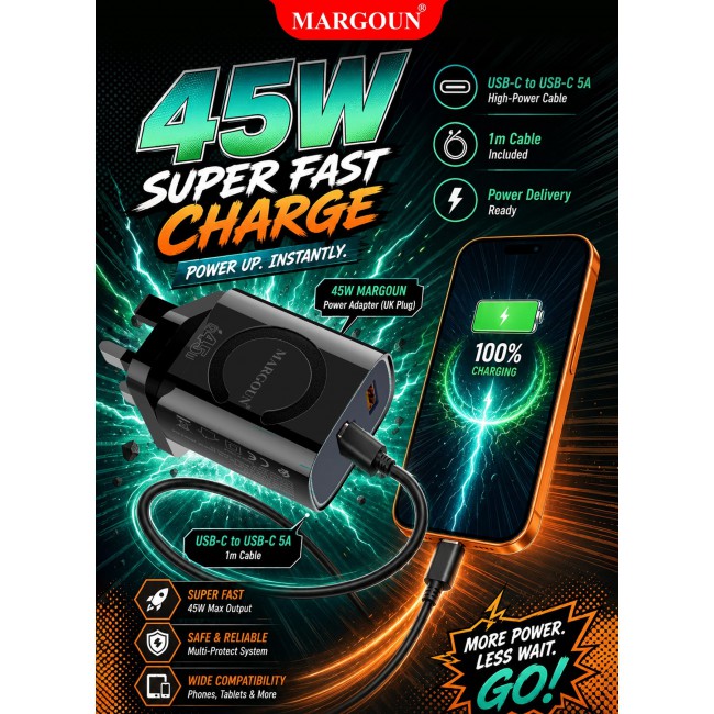 MARGOUN 45W Power Adapter Duo, Dual USB-C & USB-A Ports, PD & QC Super Fast Charging With Cable Type-C for Apple iPhone 17 Pro Max Black-5