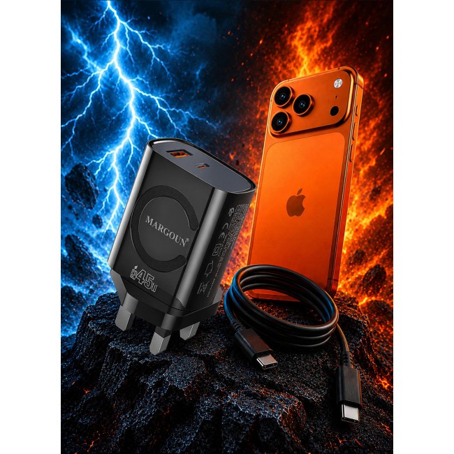 MARGOUN 45W Power Adapter Duo, Dual USB-C & USB-A Ports, PD & QC Super Fast Charging With Cable Type-C for Apple iPhone 17 Pro Max Black-5