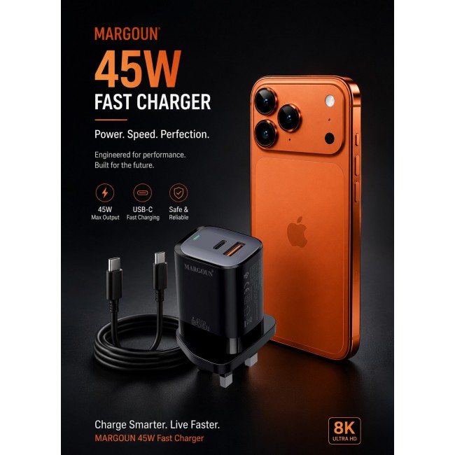 MARGOUN 45W Power Adapter Duo, Dual USB-C & USB-A Ports, PD & QC Super Fast Charging With Cable Type-C for Apple iPhone 17 Pro Max Black-1