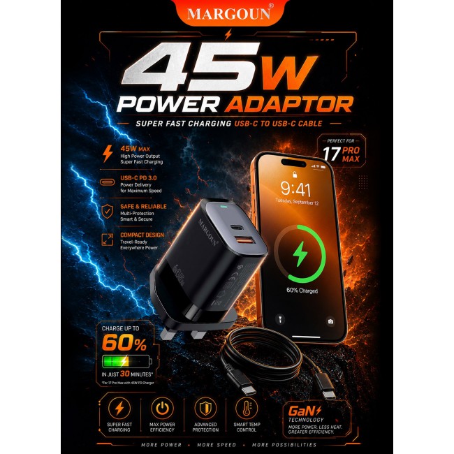 MARGOUN 45W Power Adapter Duo, Dual USB-C & USB-A Ports, PD & QC Super Fast Charging With Cable Type-C for Apple iPhone 17 Pro Max Black-1