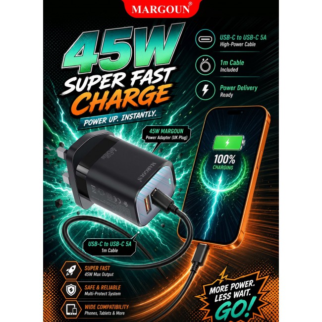 MARGOUN 45W Power Adapter Duo, Dual USB-C & USB-A Ports, PD & QC Super Fast Charging With Cable Type-C for Apple iPhone 17 Pro Max Black-1