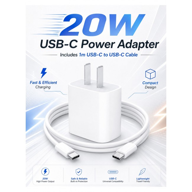 MARGOUN 20W USB-C Power Adapter – Fast Charging Wall Charger with US Plug & 1m USB-C Cable for iPhone Series 17/16/15 white