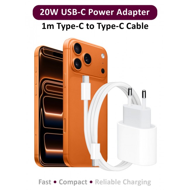 MARGOUN 20W USB-C Power Adapter – Fast Charging Wall Charger with EU Plug & 1m USB-C Cable for iPhone Series 17/16/15 white