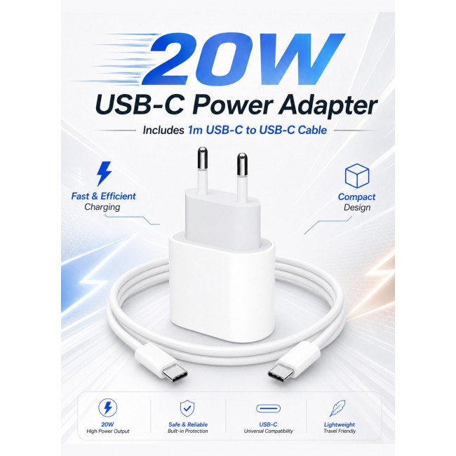 MARGOUN 20W USB-C Power Adapter – Fast Charging Wall Charger with EU Plug & 1m USB-C Cable for iPhone Series 17/16/15 white