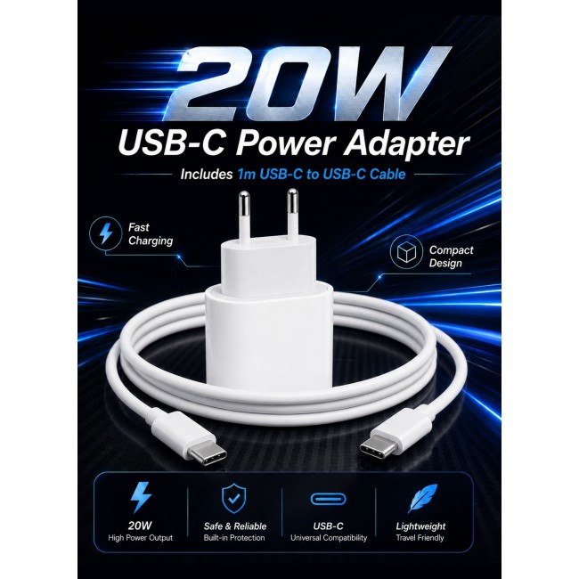 MARGOUN 20W USB-C Power Adapter – Fast Charging Wall Charger with EU Plug & 1m USB-C Cable for iPhone Series 17/16/15 white