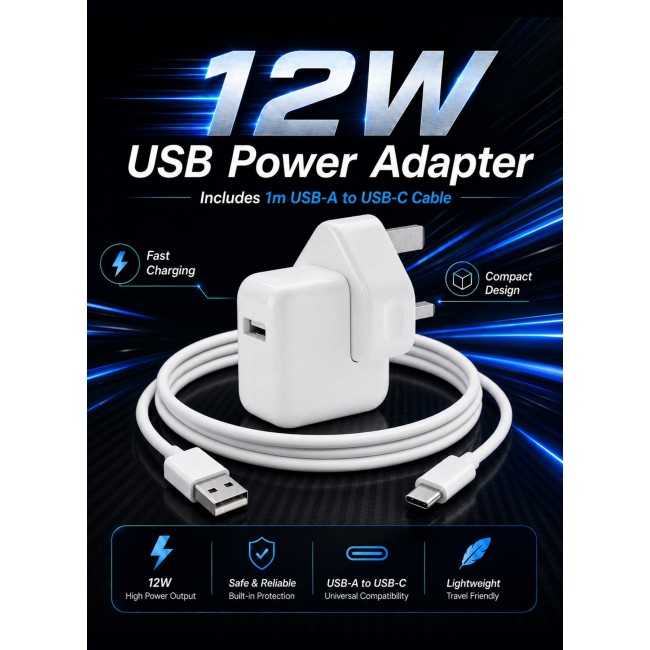 MARGOUN 12W USB Power Adapter – Compact Wall Charger with 1m USB-A to USB-C Cable for iPhone Series 17/16/15 white