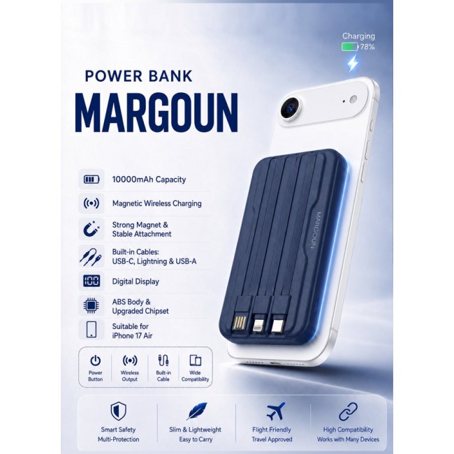 MARGOUN Magnetic Power Bank 10000mAh for iPhone 17 Air – MagSafe Compatible Portable Wireless Charger with Built-in Cables Type-C, Lightning, USB & Digital LED Display blue